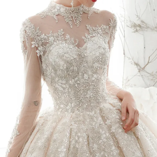 Luxury Gorgeous Champagne See Through Bridal Wedding Dresses