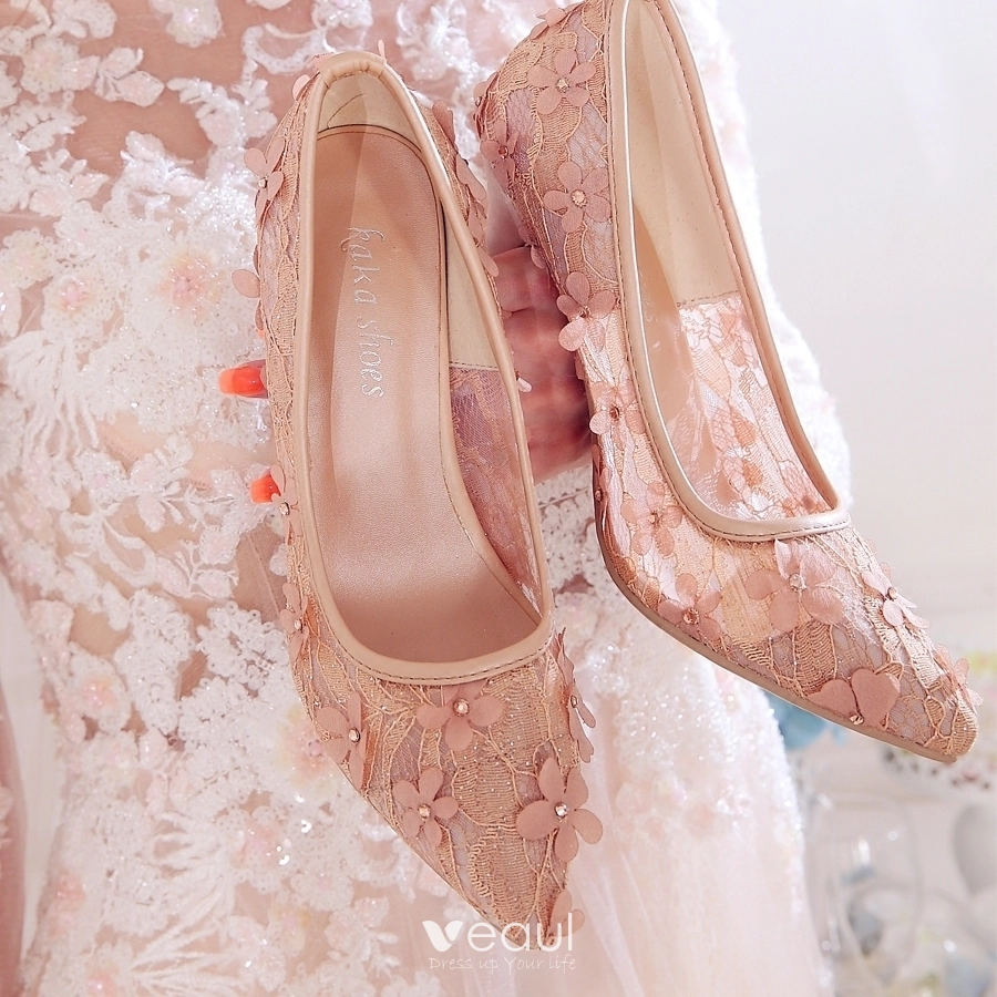 Elegant Nude Wedding Shoes 2020 Lace Appliques Rhinestone 7 Cm Stiletto