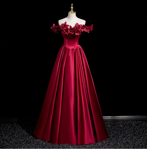 Elegant Burgundy Appliques Satin Prom Dresses A Line Princess