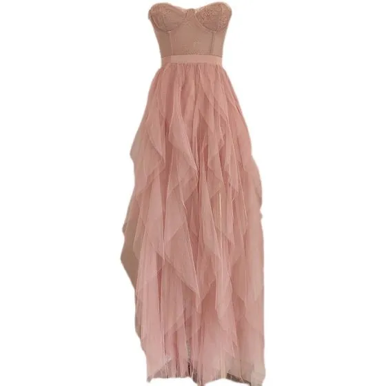 Chic Beautiful Blushing Pink Cascading Ruffles Prom Dresses A