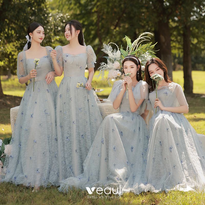 Chic Beautiful Sky Blue Butterfly Appliques Bridesmaid Dresses A