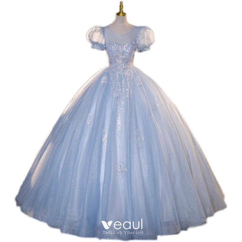 Chic Beautiful Sky Blue Beading Sequins Prom Dresses 2023 Ball Gown