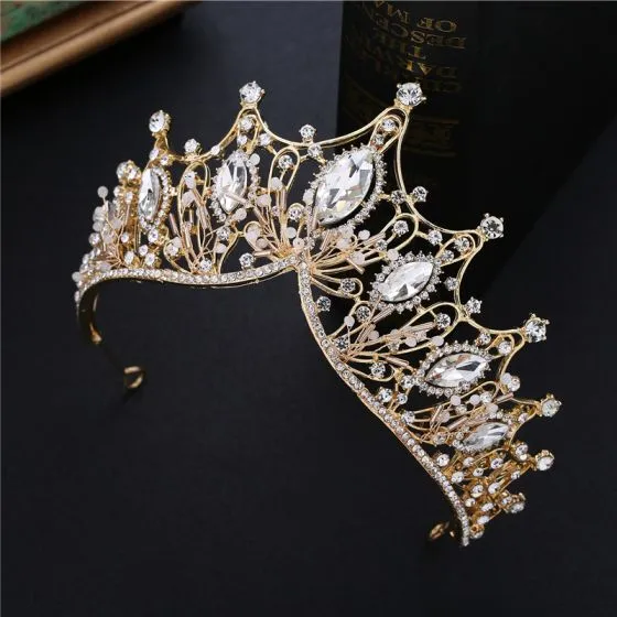 Chic Beautiful Gold Tiara Earrings Necklace Beading Rhinestone 2019