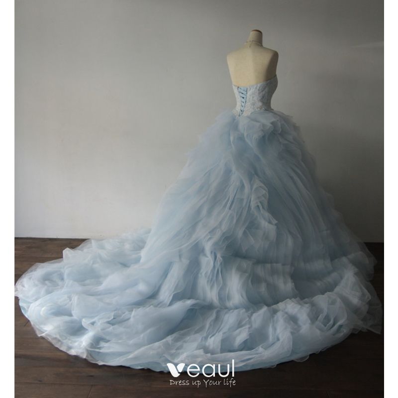 Elegant Sky Blue Prom Dresses Ball Gown Lace Appliques Strapless