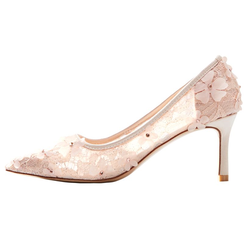 Charming Nude Wedding Shoes 2019 Lace Appliques Rhinestone 7 Cm