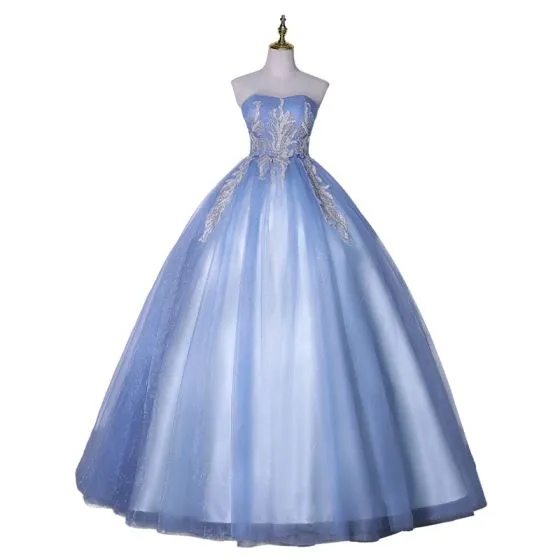 Elegant Sky Blue Prom Dresses Ball Gown Strapless Beading Sequins