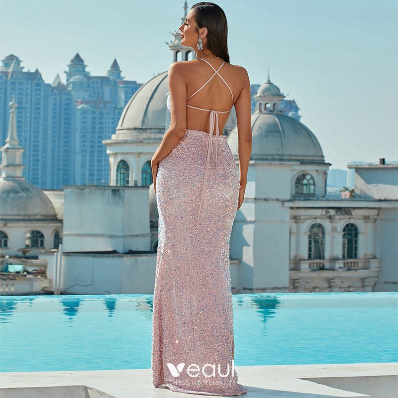 Sexy Blushing Pink Sequins Split Front Evening Dresses Trumpet