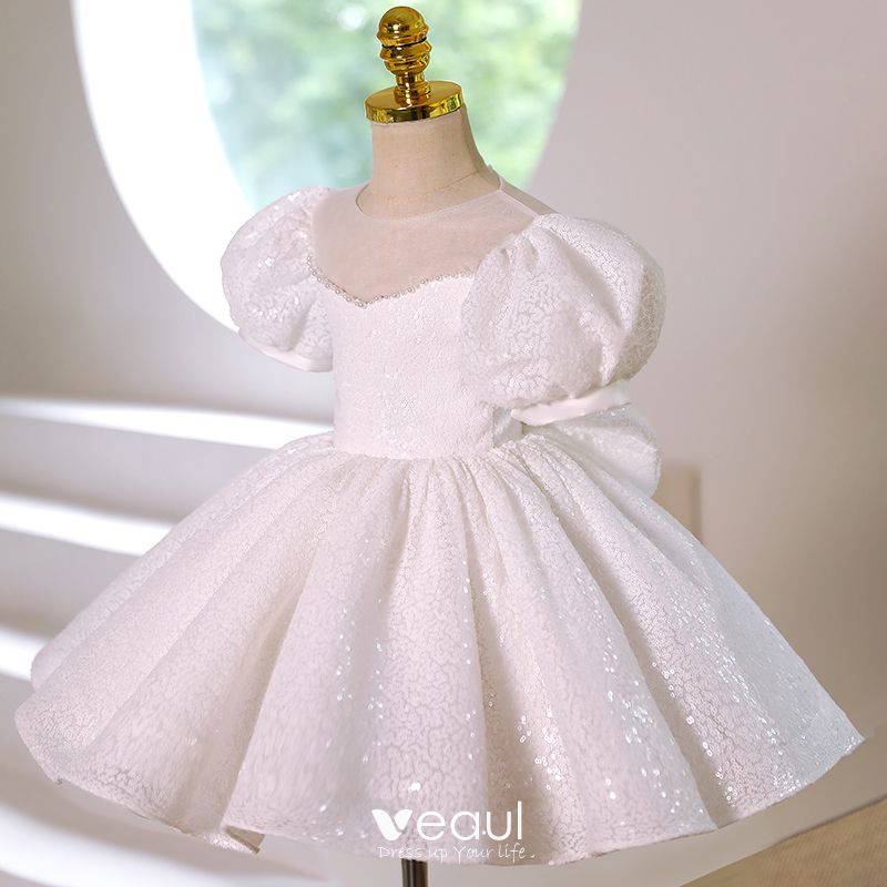 Sparkly Ivory Sequins Pearl Birthday Flower Girl Dresses Trumpet