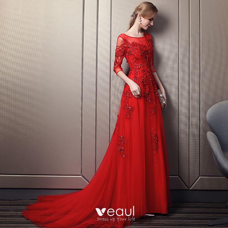 Elegant Red Evening Dresses 2018 A Line Princess Square Neckline 3 4