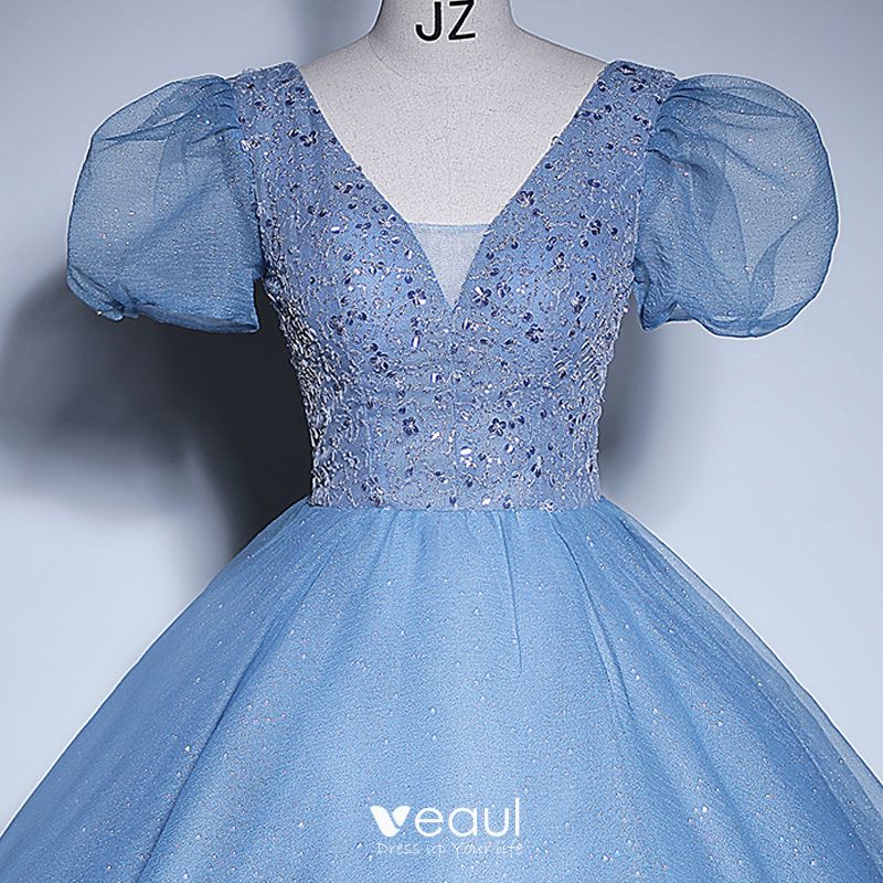 Elegant Sky Blue Beading Sequins Prom Dresses Ball Gown V Neck