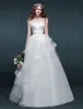 2015 A-line Shoulders Beading Pearls Bow Sash Ruffles Organza Wedding Dress