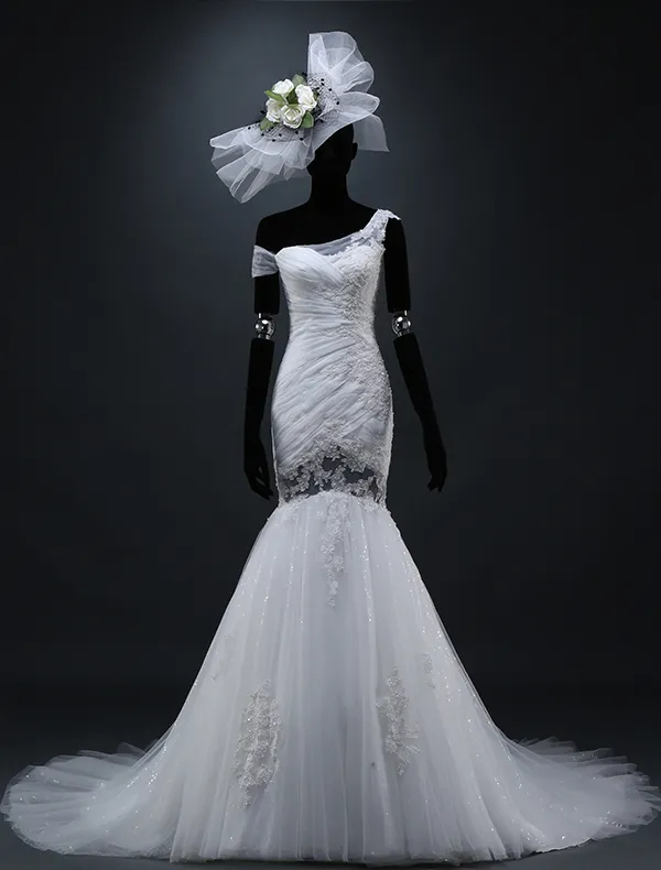 2015 Mermaid One Shoulder Appliques-spitze Einzigartiges Design Brautkleider