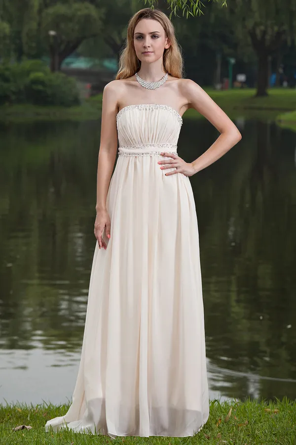 2015 Simple A-line Strapless Champagne long Evening Dresses