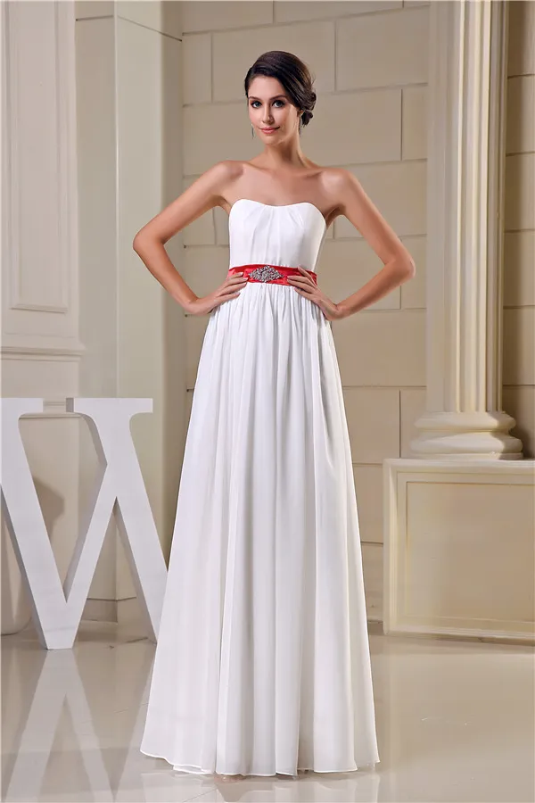 2015 Simple Empire Wedding Dress Floor Length Bridal Gown With Red Sash