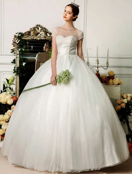 2015 Sweetheart Scoop Neck Beading Short Sleeves Floor-length Ball Gown Wedding Dress