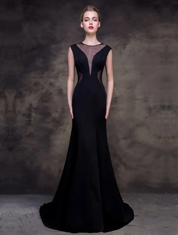 2016 Eleganten U-ausschnitt Tüll Mit V-ausschnitt Schwarzes Abendkleid