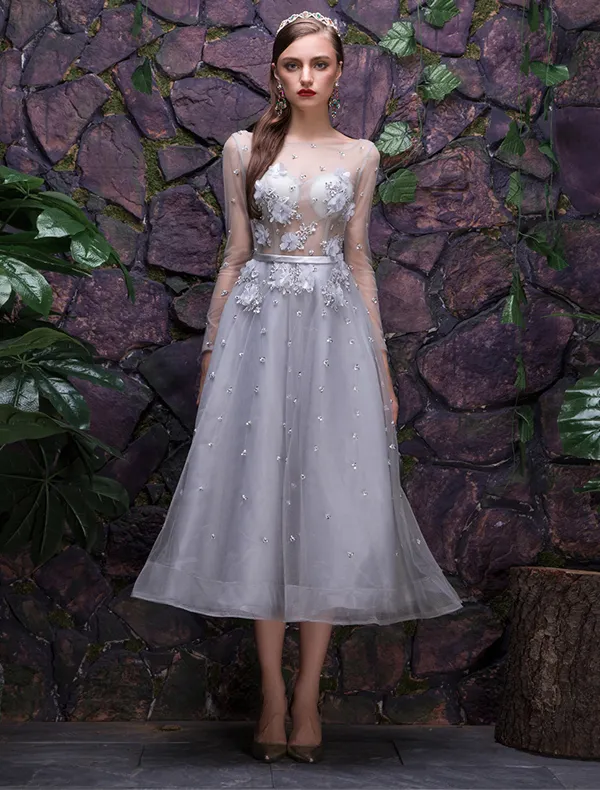 2016 Fashion Square Neckline Applique Lace Flowers Silver Party Dress With Sequins