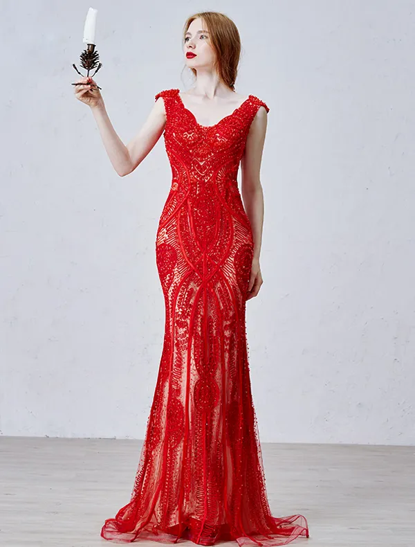 2016 Luxus-v-ausschnitt Handgefertigte Seidensatin-spitze-nixe Roten Langen Abendkleid