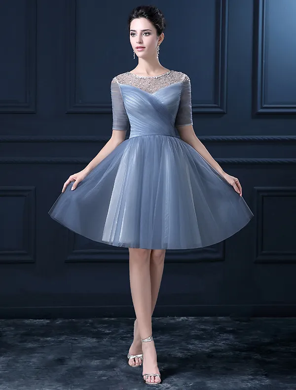 A-line 1/2 Sleeves Beading Sequins Knee Length Ruffles Organza Party Dress