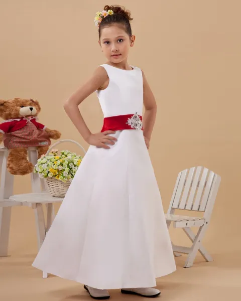 A-Line Jewel Satin Ankle Length Flower Girl Dress