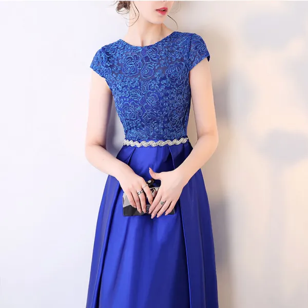 Affordable Royal Blue Evening Dresses 2017 Short Sleeve Beading Rhinestone Sash Ruffle Satin Formal Dresses