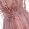 Abordable Rougissant Rose Robe De Soirée 2020 Princesse Bretelles Spaghetti Manches Courtes Perlage Glitter Tulle Longue Volants Dos Nu Robe De Ceremonie