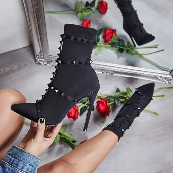 Affordable Black Casual Womens Boots 2020 Rivet 11 cm Stiletto Heels Pointed Toe Boots