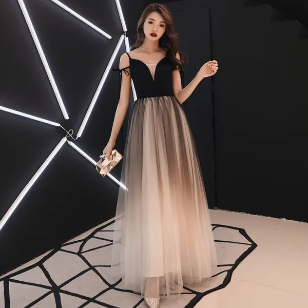 Affordable Black Gradient-Color Ivory Prom Dresses 2019 A-Line / Princess V-Neck Sleeveless Floor-Length / Long Ruffle Backless Formal Dresses
