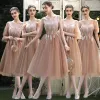 Affordable Brown Bridesmaid Dresses 2020 A-Line / Princess Backless Appliques Lace Tea-length Ruffle