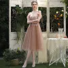 Affordable Brown Bridesmaid Dresses 2020 A-Line / Princess Backless Appliques Lace Tea-length Ruffle
