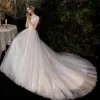 Affordable Champagne Outdoor / Garden Wedding Dresses 2020 A-Line / Princess See-through High Neck Sleeveless Backless Lace Appliques Beading Tassel Sweep Train Ruffle