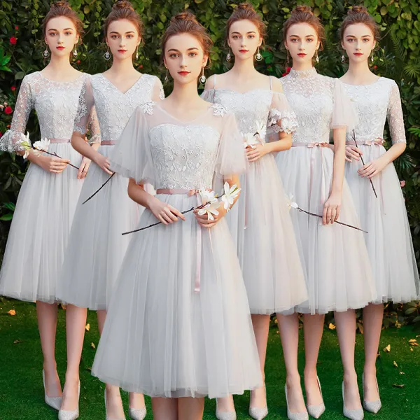 Affordable Grey Bridesmaid Dresses 2020 A-Line / Princess Backless Appliques Lace Sash Tea-length Ruffle