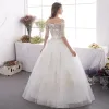 Affordable Ivory Outdoor / Garden Wedding Dresses 2019 A-Line / Princess Off-The-Shoulder 1/2 Sleeves Backless Appliques Lace Glitter Sequins Floor-Length / Long Ruffle