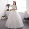 Affordable Ivory Outdoor / Garden Wedding Dresses 2019 A-Line / Princess Off-The-Shoulder 1/2 Sleeves Backless Appliques Lace Glitter Sequins Floor-Length / Long Ruffle