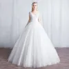 Affordable Ivory See-through Wedding Dresses 2019 A-Line / Princess Scoop Neck 1/2 Sleeves Backless Appliques Lace Floor-Length / Long Ruffle