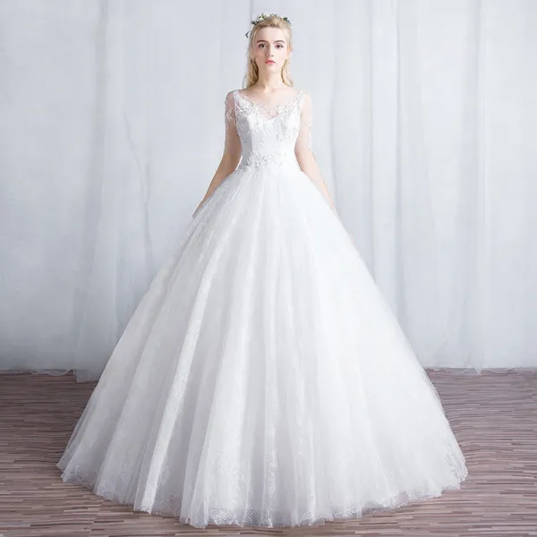 Affordable Ivory See-through Wedding Dresses 2019 A-Line / Princess Scoop Neck 1/2 Sleeves Backless Appliques Lace Floor-Length / Long Ruffle