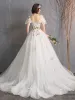 Affordable Ivory Wedding Dresses 2019 A-Line / Princess Off-The-Shoulder Short Sleeve Backless Butterfly Appliques Lace Flower Court Train Ruffle