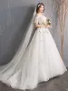 Affordable Ivory Wedding Dresses 2019 A-Line / Princess Off-The-Shoulder Short Sleeve Backless Butterfly Appliques Lace Flower Court Train Ruffle