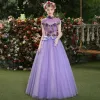 Affordable Lilac Prom Dresses 2019 Ball Gown High Neck Crystal Lace Flower Short Sleeve Backless Floor-Length / Long Formal Dresses