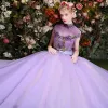 Affordable Lilac Prom Dresses 2019 Ball Gown High Neck Crystal Lace Flower Short Sleeve Backless Floor-Length / Long Formal Dresses