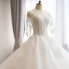 Affordable Modern / Fashion Church Wedding Dresses 2017 Lace Appliques Sweetheart Long Sleeve Backless Cathedral Train White Ball Gown
