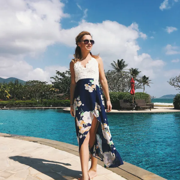 Affordable Navy Blue Summer Beach Maxi Dresses 2020 Spaghetti Straps Sleeveless Printing Flower Chiffon Ankle Length Split Front Backless Womens Clothing