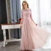Affordable Pearl Pink Evening Dresses  2018 A-Line / Princess Lace Appliques Crystal Scoop Neck 3/4 Sleeve Floor-Length / Long Formal Dresses
