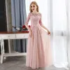 Affordable Pearl Pink Evening Dresses  2018 A-Line / Princess Lace Appliques Crystal Scoop Neck 3/4 Sleeve Floor-Length / Long Formal Dresses