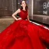 Affordable Red Organza Evening Dresses  2019 A-Line / Princess Scoop Neck Sleeveless Floor-Length / Long Backless Cascading Ruffles Formal Dresses