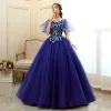 Affordable Royal Blue Prom Dresses 2020 Ball Gown Scoop Neck Short Sleeve Appliques Sequins Flower Floor-Length / Long Ruffle Backless Formal Dresses