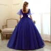 Affordable Royal Blue Prom Dresses 2020 Ball Gown Scoop Neck Short Sleeve Appliques Sequins Flower Floor-Length / Long Ruffle Backless Formal Dresses