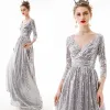 Affordable Silver Sequins Evening Dresses  2020 A-Line / Princess V-Neck 3/4 Sleeve Floor-Length / Long Backless Formal Dresses