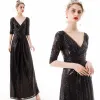 Affordable Silver Sequins Evening Dresses  2020 A-Line / Princess V-Neck 3/4 Sleeve Floor-Length / Long Backless Formal Dresses