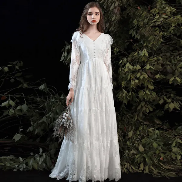 Affordable White Lace Outdoor / Garden Wedding Dresses 2020 Empire V-Neck Long Sleeve Floor-Length / Long